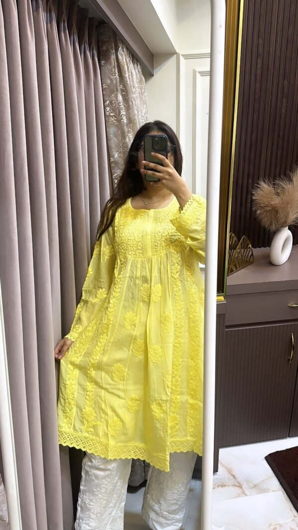 yellow Pure muslin knee lenght kurti