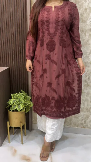 Brown Muslin self thread kurti