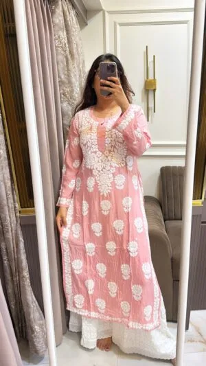 Peach Pure Muslin silk 3D kurti Design 2
