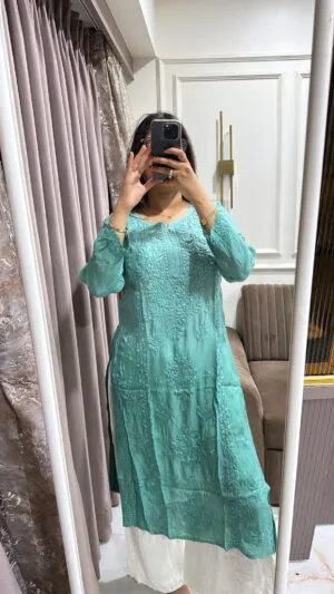 Green Semi Muslin Lucknowi Kurti