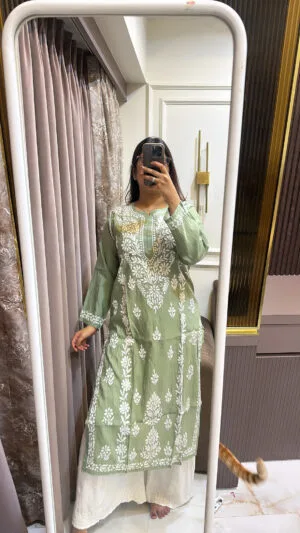 Green Roman Muslin Lucknowi Kurti