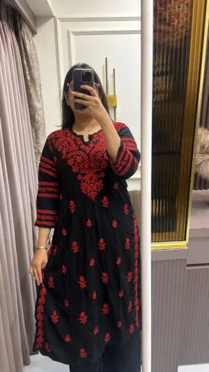 Black with red Modal lucknowi coloured embroidery kurti