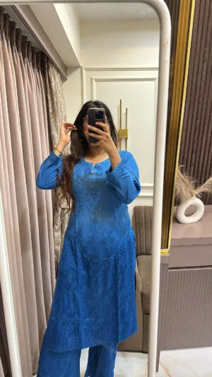 Blue Semi Modal lucknowi Shaded Plazo Set