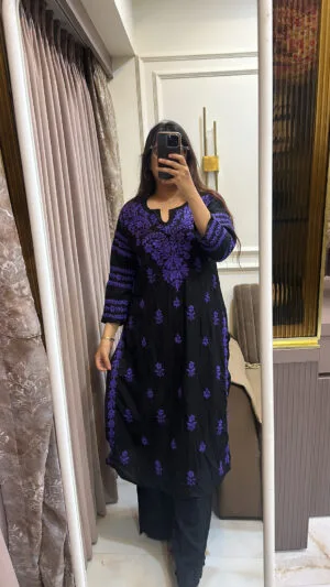 Black with purple Modal lucknowi coloured embroidery kurti
