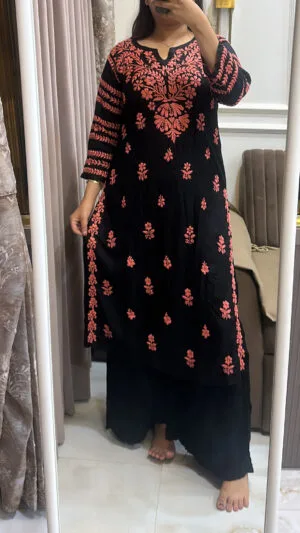 Black with peach Modal lucknowi coloured embroidery kurti