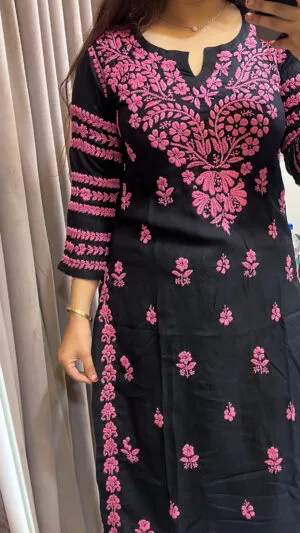 Black with pink Modal lucknowi coloured embroidery kurti