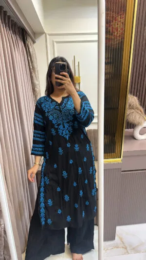 Black with blue Modal lucknowi coloured embroidery kurti