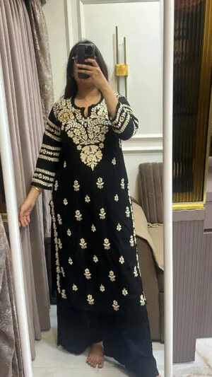 Black with cream Modal lucknowi coloured embroidery kurti