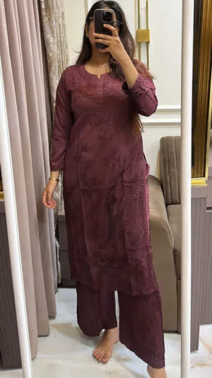 Brown Semi Modal lucknowi Shaded Plazo Set