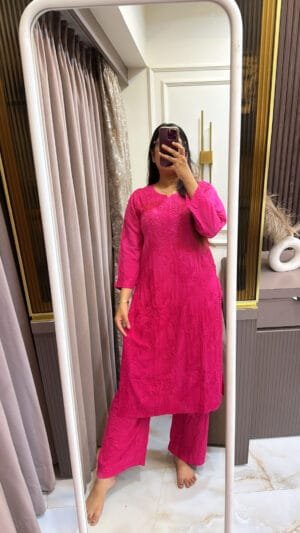 Hot Pink Semi Modal lucknowi Shaded Plazo Set