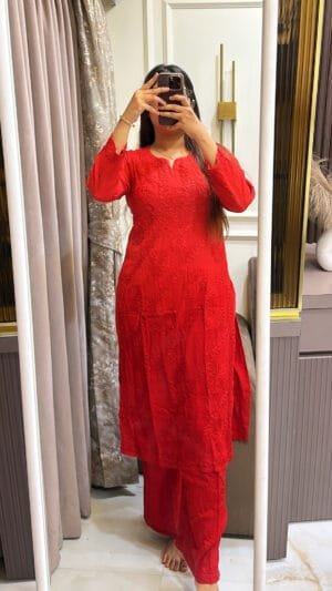 Red Semi Modal lucknowi Shaded Plazo Set