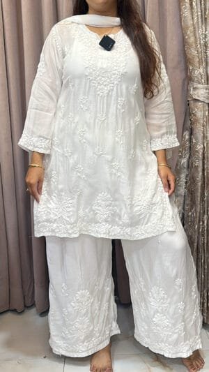 Pure Modal White  lucknowi Plazo Set