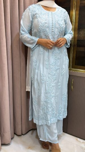 Baby Blue Pure Crepe Mukesh Work Plazo Set