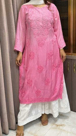 Baby Pink Muslin Lucknowi Shaded kurti