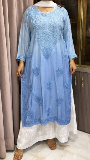 Blue Muslin Lucknowi Shaded kurti