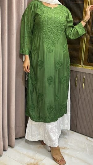 Dark Green Muslin Lucknowi Shaded kurti