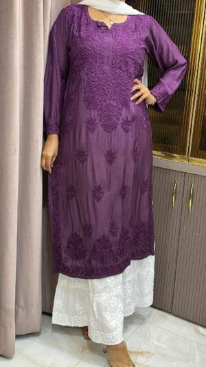 Deep Purple Muslin Lucknowi Shaded kurti