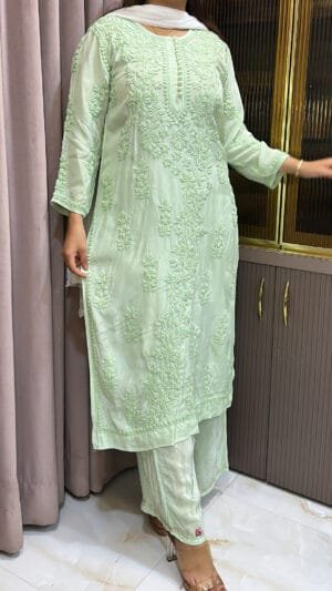 Green Pure Crepe Mukesh Work Plazo Set