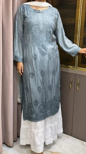 Grey Muslin Lucknowi Shaded kurti