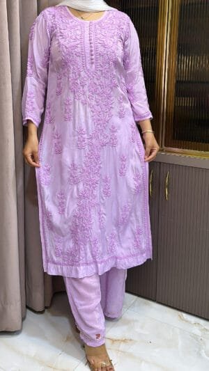 Lavender Pure Crepe Mukesh Work Plazo Set