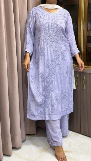 Lilac Pure Crepe Mukesh Work Plazo Set