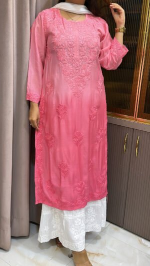 Pink Muslin Lucknowi Shaded kurti