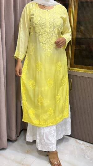 Yellow Muslin Lucknowi Shaded kurti