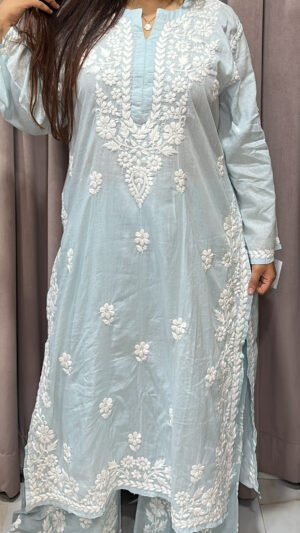 Baby Blue Pure Mul Mul Fabric Lucknowi Plazo Set