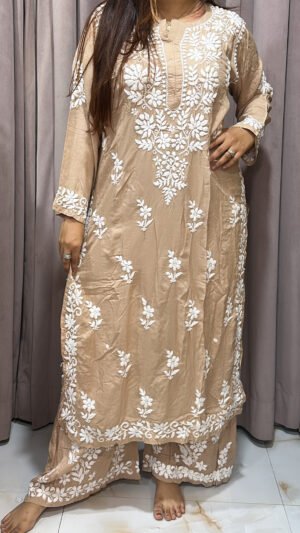 Beige Pure modal lucknowi plazo set