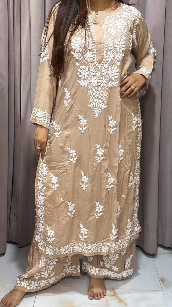 Beige Pure modal lucknowi plazo set