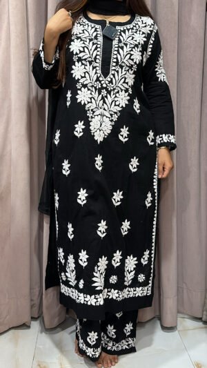 Black Pure Mul Mul Fabric Lucknowi Plazo Set