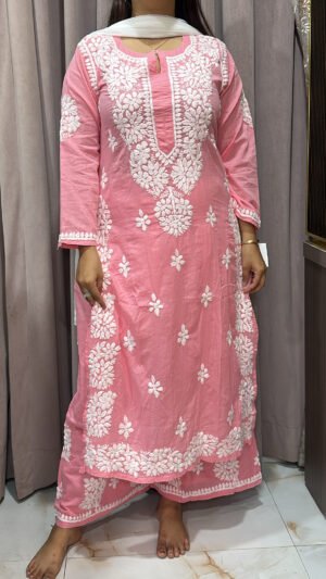 Dark Peach Pure Mul Mul Fabric Lucknowi Plazo Set