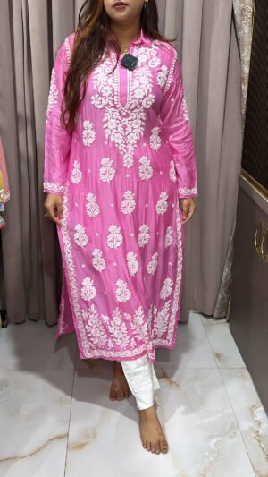 Dark Pink Pure Muslin Handwork Collar kurti