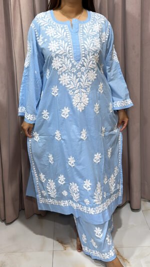 Ice Blue Pure Mul Mul Fabric Lucknowi Plazo Set