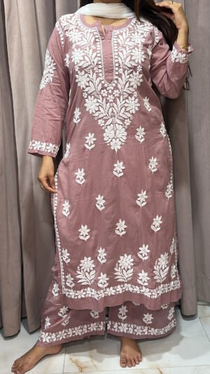 Mauve Pure Mul Mul Fabric Lucknowi Plazo Set