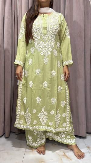 Parrot green Pure modal lucknowi plazo set