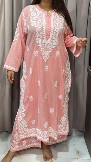 Peach Pure Mul Mul Fabric Lucknowi Plazo Set