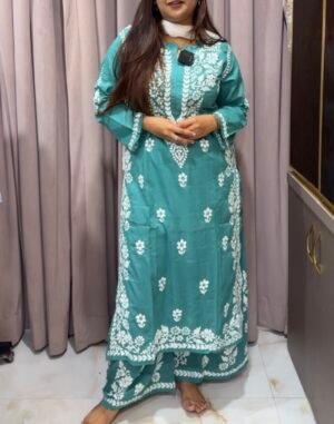 Pine Green Pure Mul Mul Fabric Lucknowi Plazo Set