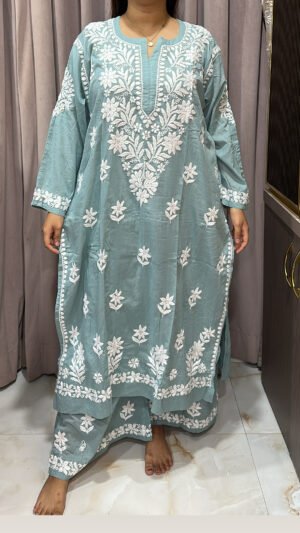 SeaFoam Green Pure Mul Mul Fabric Lucknowi Plazo Set
